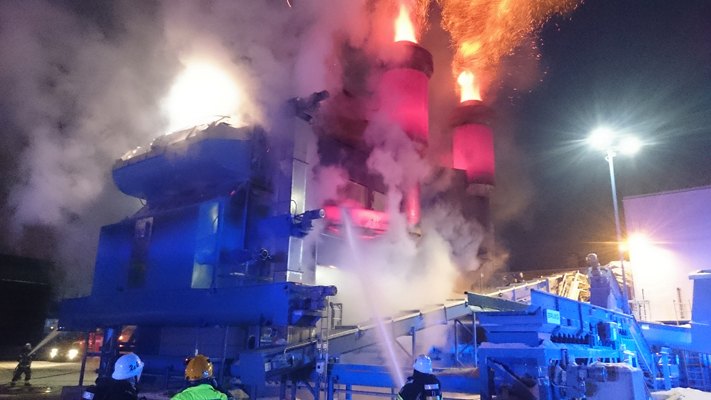 The spectacular fire in the biomass dryer at Bioendev's torrefaction plant in Holmsund, Sweden took place 21 January (photo courtesy Anders Viklund).