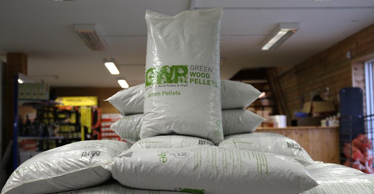 A bag of GWP wood pellets produced by Laois Sawmills.