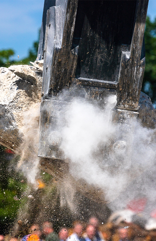 Detail of a Jaws excavator attachment to crush concrete