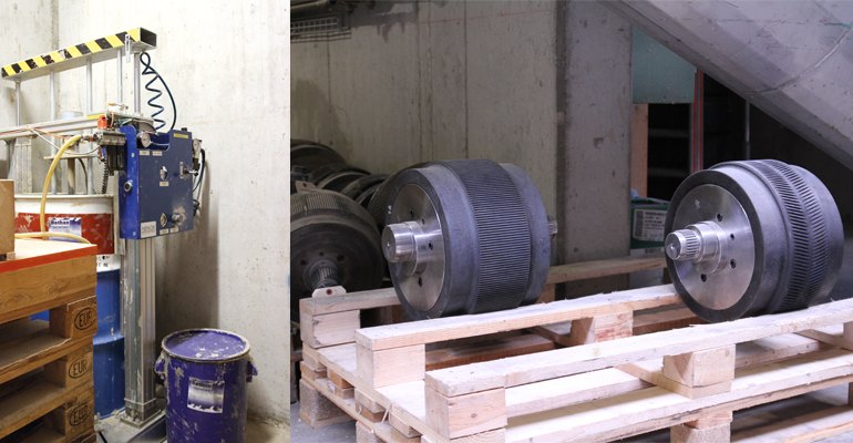 Bathan’s ceramic grease KF7/60M can be used in every pellet press and does not require any modifications to the application equipment. (Right) Refurbished rollers