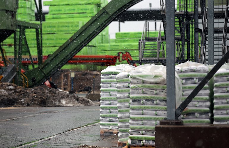 Lumber and wood pellets at a Swedish sawmill.